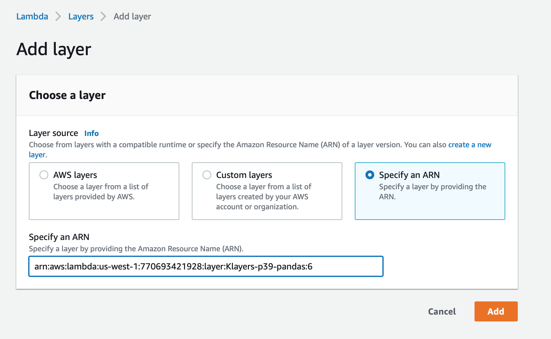 Add layers to AWS Lambda